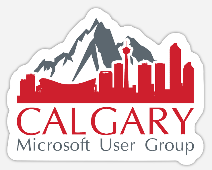 CMUG die-cut sticker showing the Calgary skyline and mountains in crimson and slate.
